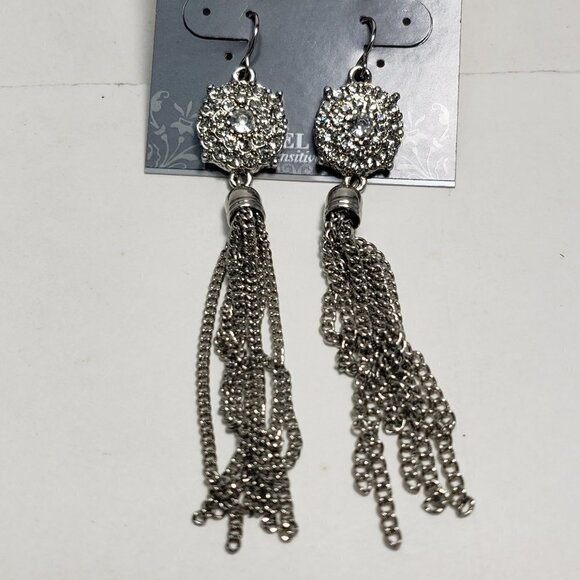 2/$30 Silver tone Circle Crystal Tassel Drop Fringed Earrings - 3.5" - Jewelry - Picture 1 of 6